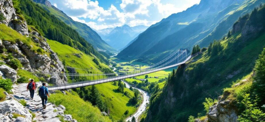 Hängebrücke im Zillertal mit grünen Bergen.