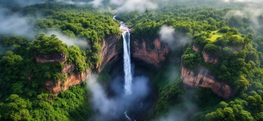 Luftaufnahme des höchsten Wasserfalls der Welt.