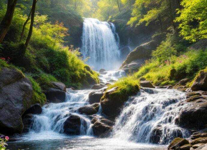 Wasserfall im Harz, umgeben von grüner Natur.