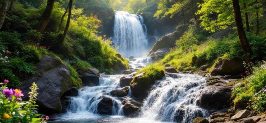 Wasserfall im Harz, umgeben von grüner Natur.