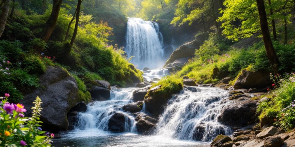 Wasserfall im Harz, umgeben von grüner Natur.