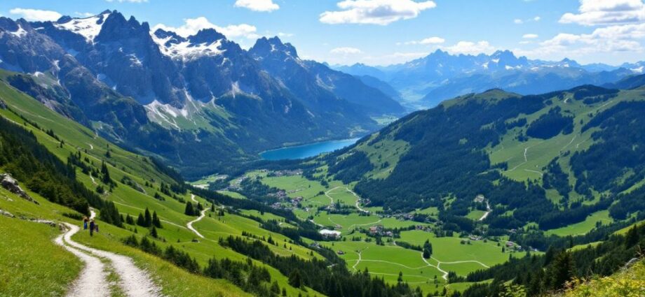 Alpenlandschaft mit Wanderweg und Berggipfeln