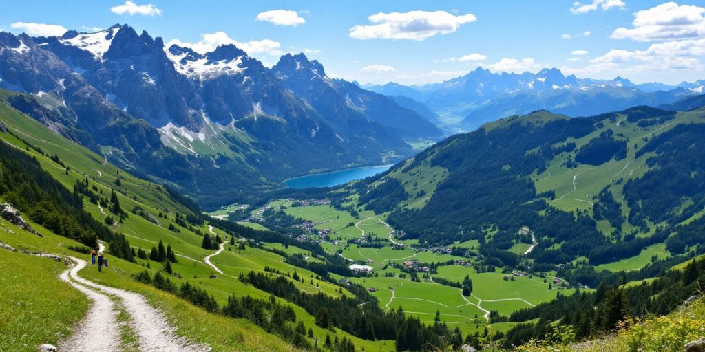 Alpenlandschaft mit Wanderweg und Berggipfeln